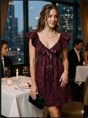 NWT ROWA Plum Textured Floral Ruffle Sleeve Bow Mini Dress Size Small